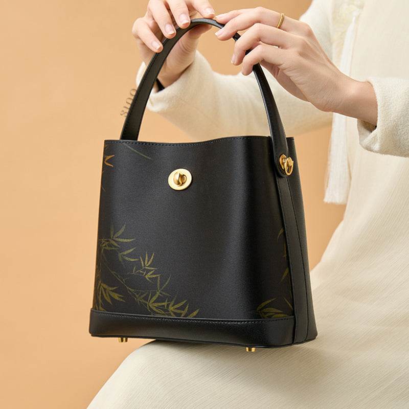 Xiangyunsha Silk Bamboo Print Crossbody Bucket Bag - SinoCultural -- YS120757