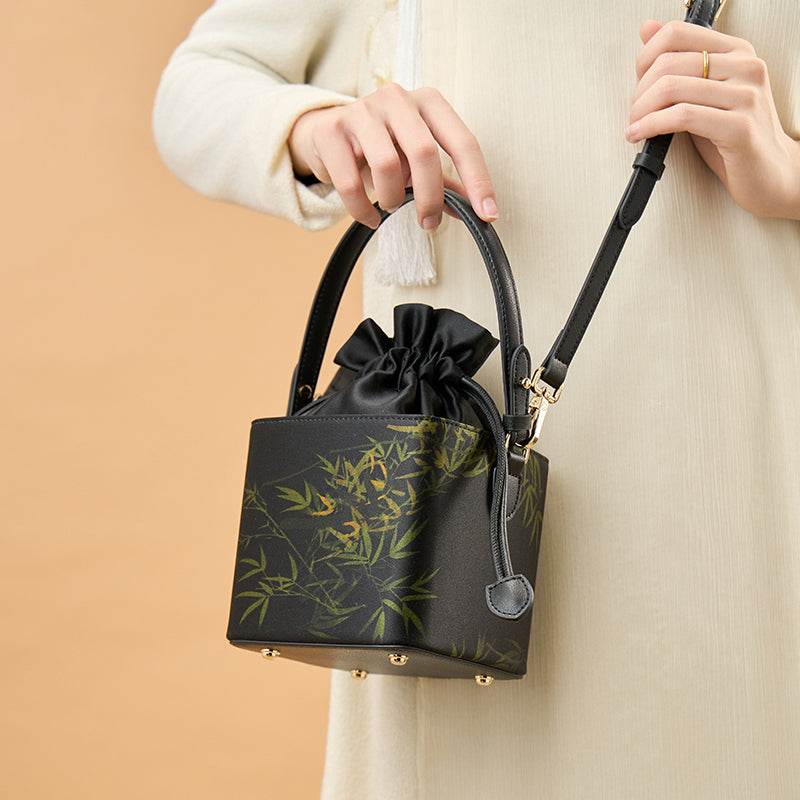 Xiangyunsha Silk Black Bamboo Print Mini Cube Bucket Bag - SinoCultural -- LD170613