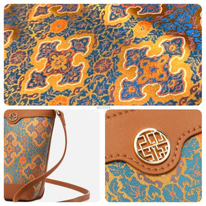 Song Brocade Leather Crossbody Mobile Phone Bag Four Harmonies and Ruyi Pattern - SinoCultural -- P220608