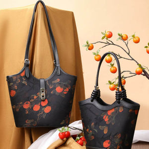 Xiangyunsha Silk Leather Printed Persimmon Shoulder Bag - SinoCultural -- YS120763