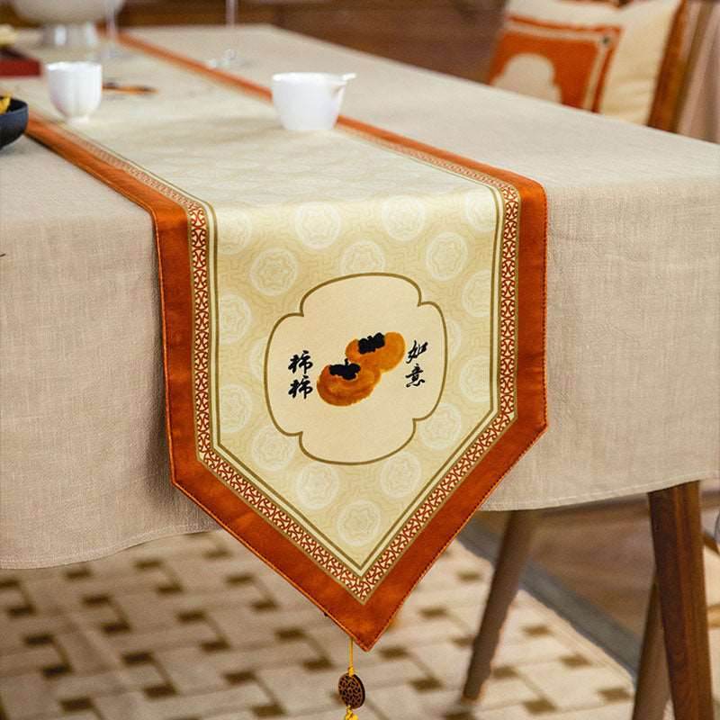 Chinoiserie Orange Table Runner Persimmons Blessings - SinoCultural -- TR007A160