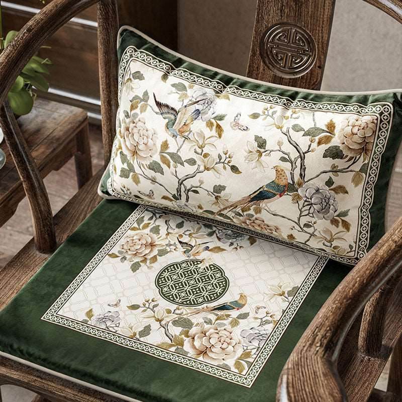 Chinoiserie Warm Spring Dark Green Flower and Birds Chair Cushion - SinoCultural -- SC012A38