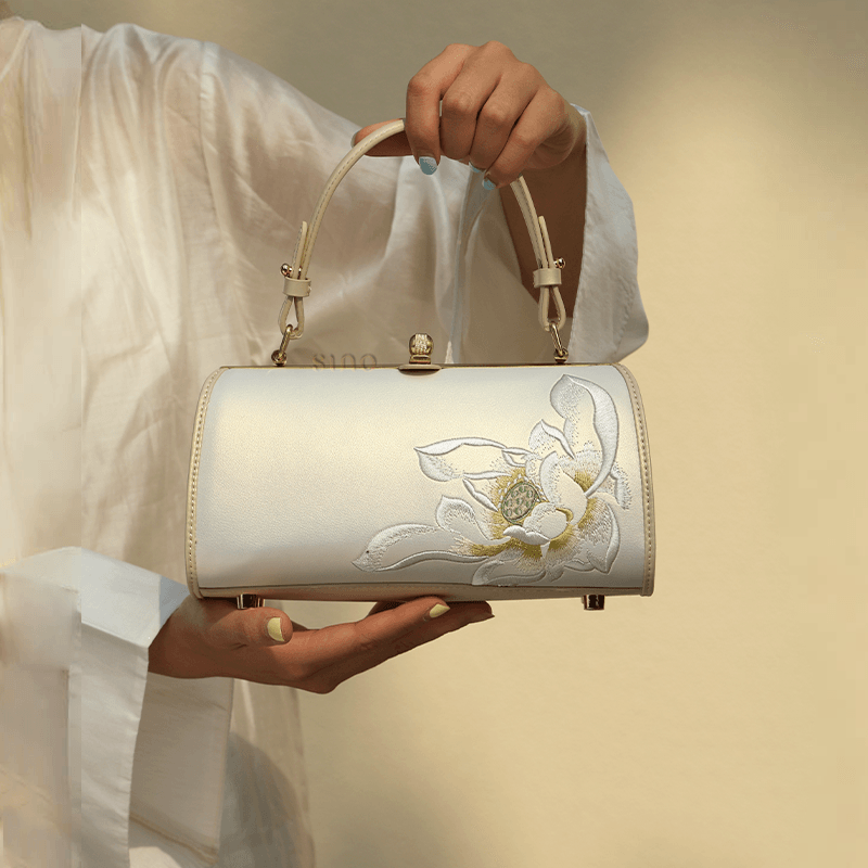 Embroidery Leather White Shoulder Bag Lotus Elegant Handbag - SinoCultural -- P120312