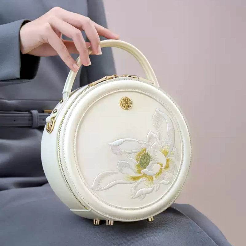 Embroidery Leather White Round Handbag Lotus - SinoCultural -- P120355