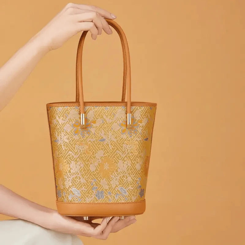Song Brocade Mulberry Silk Tote Bucket Bag - SinoCultural -- P120636