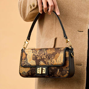 Xiangyunsha Silk Vintage Crane Print Shoulder Bag - SinoCultural -- YS120648