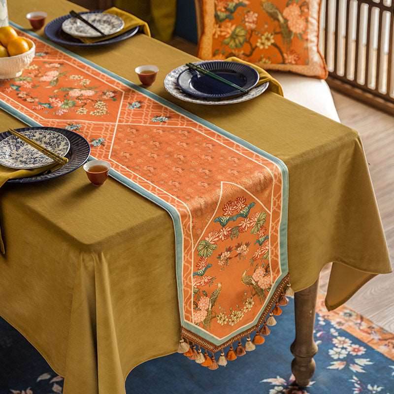 Chinoiserie Orange Mountain Hydrangea Table Runner - SinoCultural -- TR005Y160