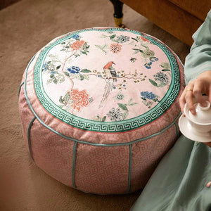 Chinoiserie Plush Powder Pink Flower Living Room Rest Pouf - SinoCultural -- B48J0015-C