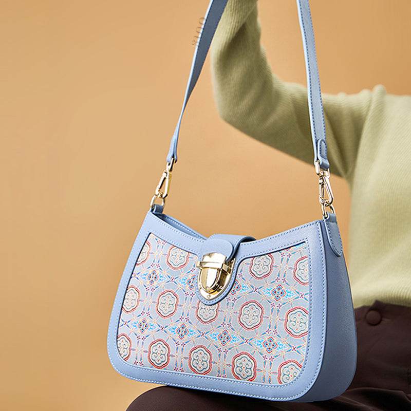 Song Brocade Leather Blue Shoulder Bag Ruyi Pattern - SinoCultural -- FJ270038-1