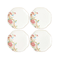 Set of 4 floral chinoiserie bone china square dinner plates on white background.