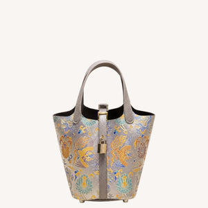 Song Brocade Silk & Leather Bucket Bag – Handmade Top Handle Bag