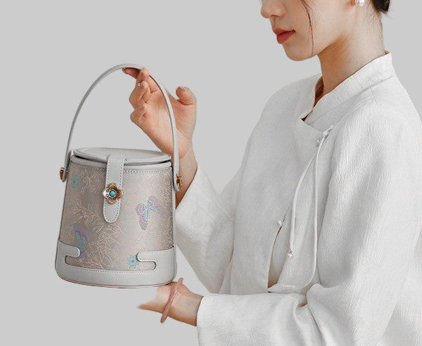 Song Brocade New Chinese Style Genuine Leather Bucket Bag