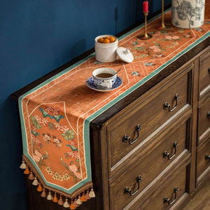 Chinoiserie Orange Mountain Hydrangea Table Runner - SinoCultural -- TR005Y160