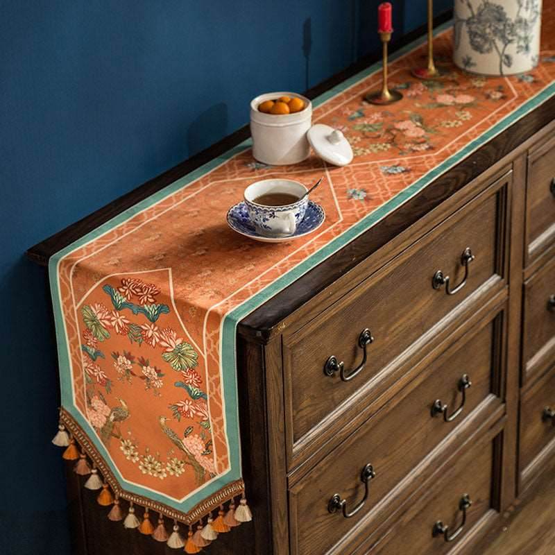 Chinoiserie Orange Mountain Hydrangea Table Runner - SinoCultural -- TR005Y160