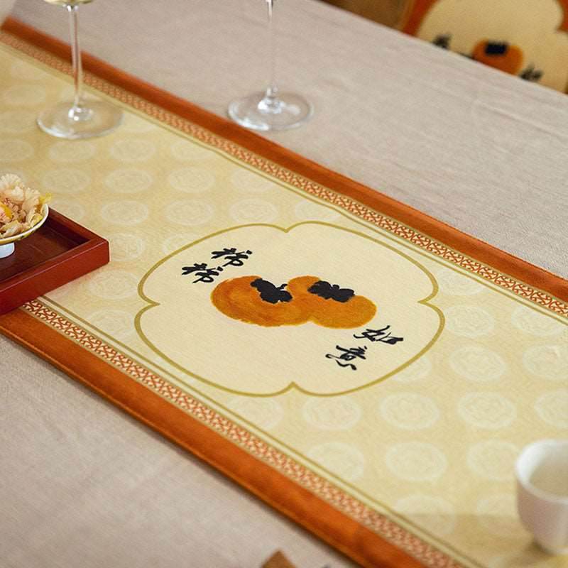 Chinoiserie Orange Table Runner Persimmons Blessings - SinoCultural -- TR007A160