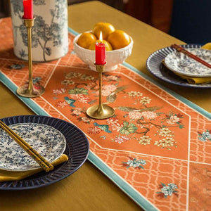 Chinoiserie Orange Mountain Hydrangea Table Runner - SinoCultural -- TR005Y160