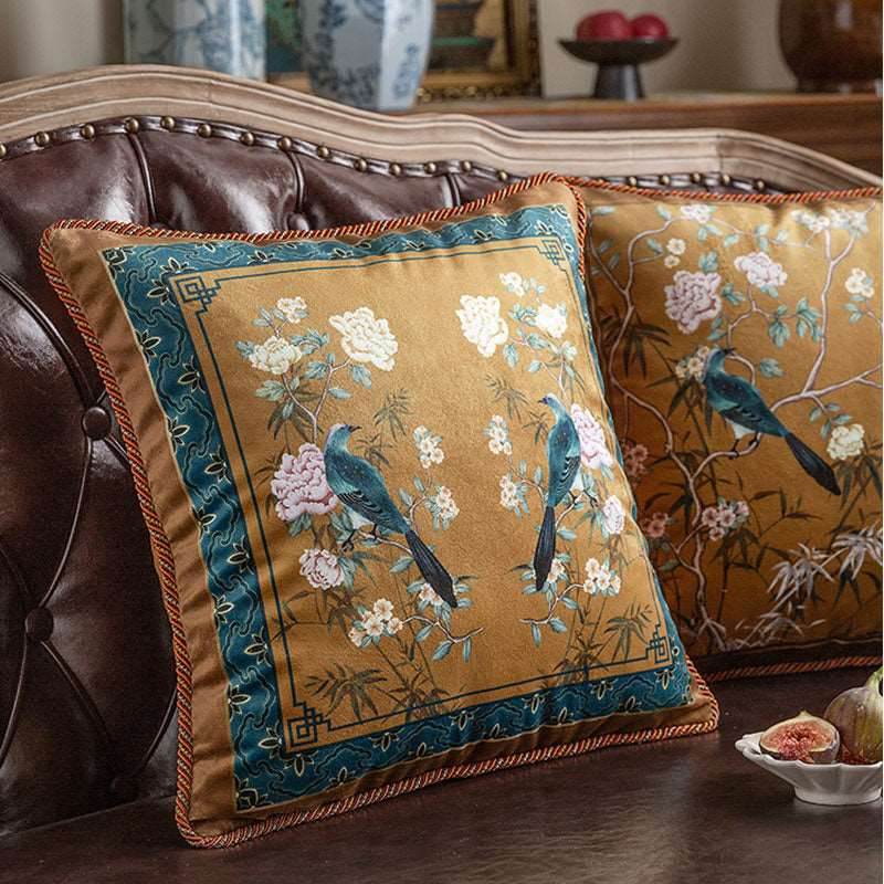 Chinoiserie Original Brown Flowers and Birds Throw Pillow Golden Reverie - SinoCultural -- SJZB040A01