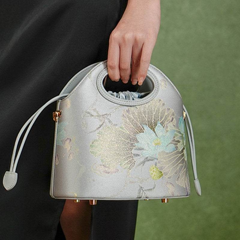 Printed Jacquard Lotus Gray Drawstring Bucket Bag - SinoCultural -- LD120670-1