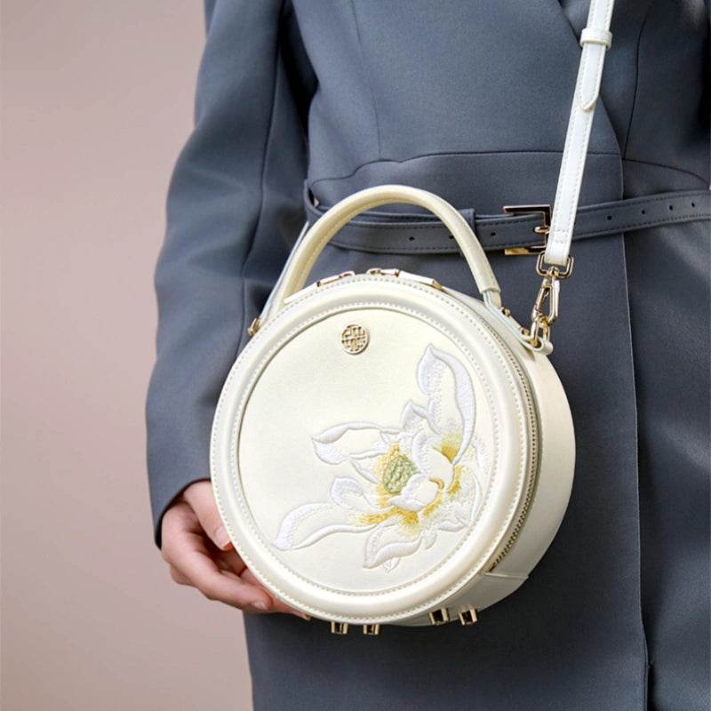 Embroidery Leather White Round Handbag Lotus - SinoCultural -- P120355