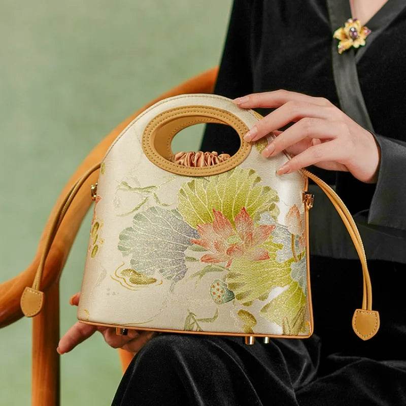 Printed Jacquard Lotus Khaki Drawstring Bucket Bag - SinoCultural -- LD120670-3