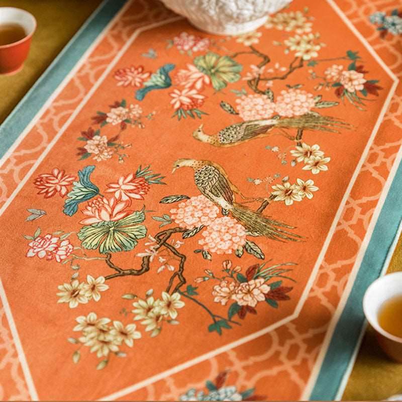Chinoiserie Orange Mountain Hydrangea Table Runner - SinoCultural -- TR005Y160