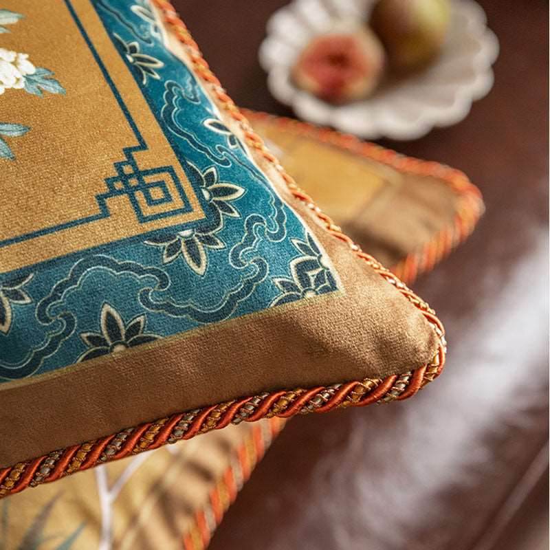 Chinoiserie Original Brown Flowers and Birds Throw Pillow Golden Reverie - SinoCultural -- SJZB040A01