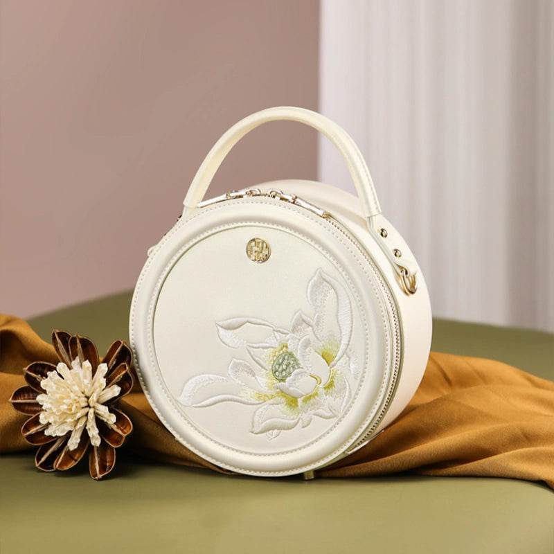Embroidery Leather White Round Handbag Lotus - SinoCultural -- P120355