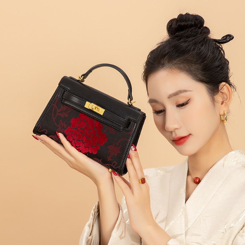 Zhang Rong  New Chinese Style  Velvet Silk Genuine Leather Handbag