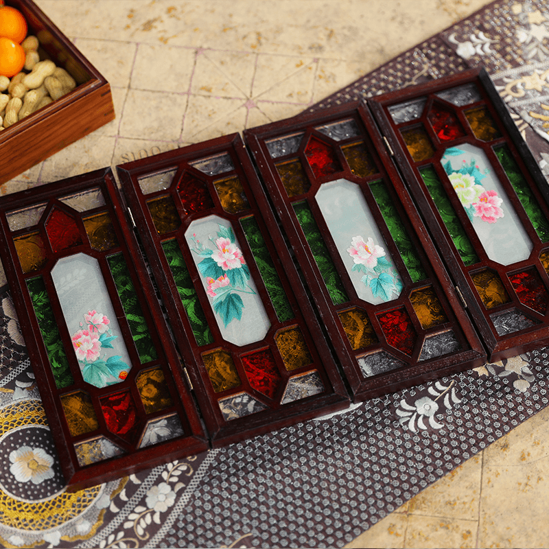 Hand Embroidery Peony Flower Rosewood Cantonese Mansion Window Ornament - SinoCultural -- BXL06WCS174A07