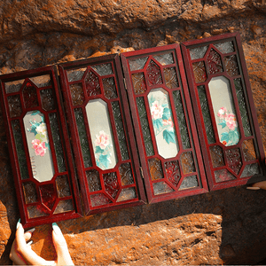 Hand Embroidery Peony Flower Rosewood Cantonese Mansion Window Ornament - SinoCultural -- BXL06WCS174A07