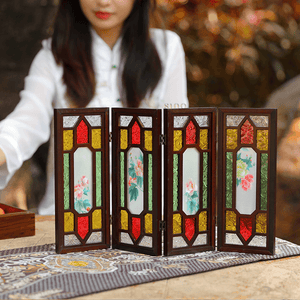 Hand Embroidery Peony Flower Rosewood Cantonese Mansion Window Ornament - SinoCultural -- BXL06WCS174A07