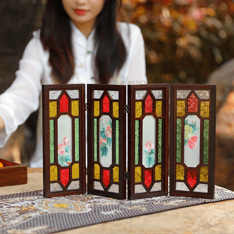 Hand Embroidery Peony Flower Rosewood Cantonese Mansion Window Ornament - SinoCultural -- BXL06WCS174A07