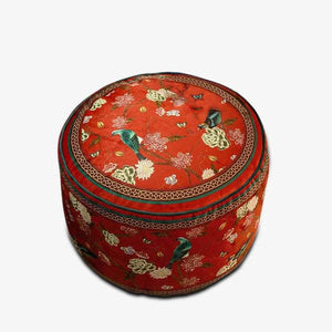 Chinoiserie Plush Joyful Red Sofa Ottoman Pouf - SinoCultural -- B48J0010-C