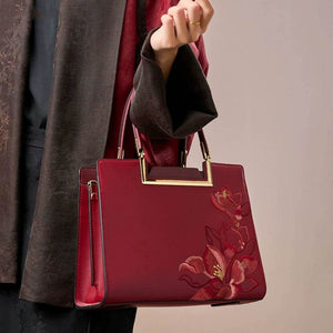 Sinocultural Embroidery Leather Red Tote Bag Magnolia Women's Handbag - SinoCultural -- P120346-1