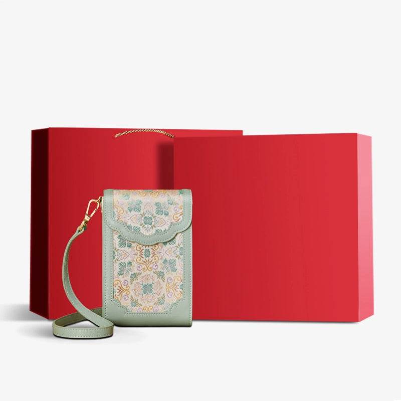 Brocade Jacquard Leather Bag Intricate Phone Chinese Wallet - SinoCultural -- JD240043-1