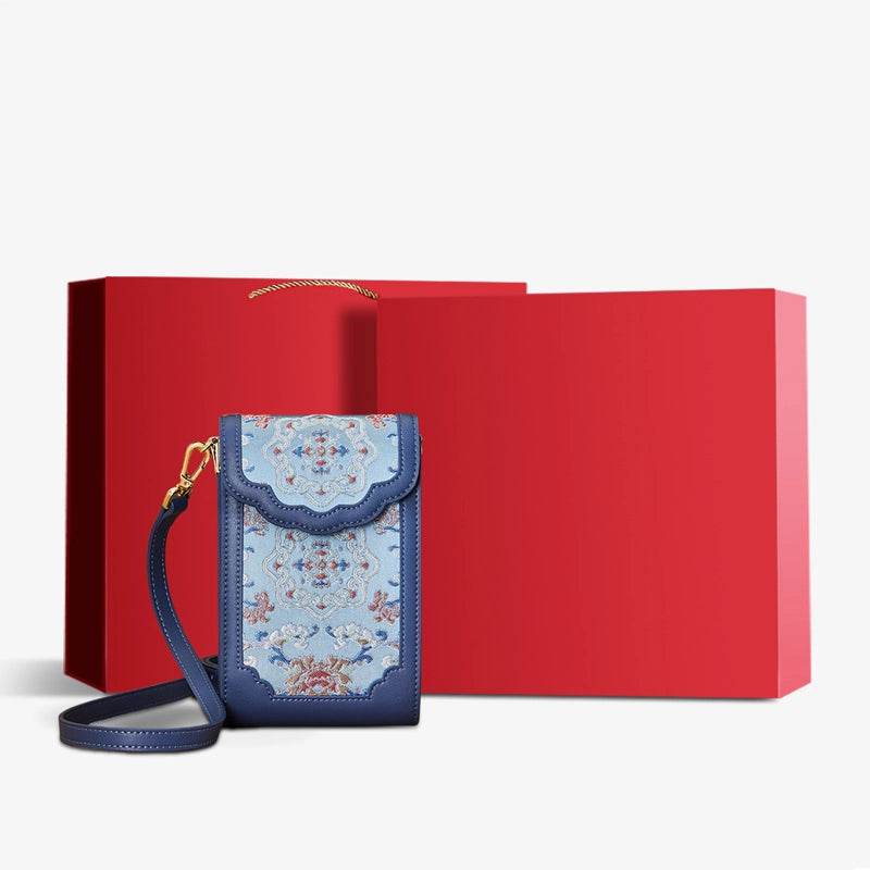 Brocade Jacquard Leather Bag Intricate Phone Chinese Wallet - SinoCultural -- JD240043-1