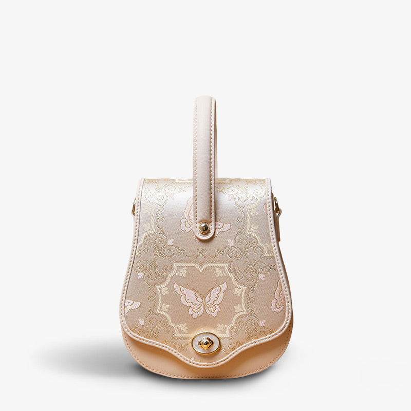 Brocade Jacquard Beige Butterfly Designer Saddle Bag - SinoCultural -- P1206260402LG-2