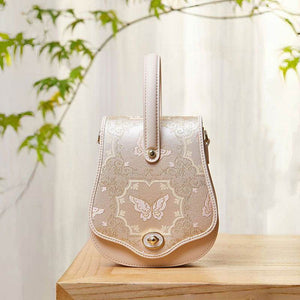 Brocade Jacquard Beige Butterfly Designer Saddle Bag - SinoCultural -- P1206260402LG-2