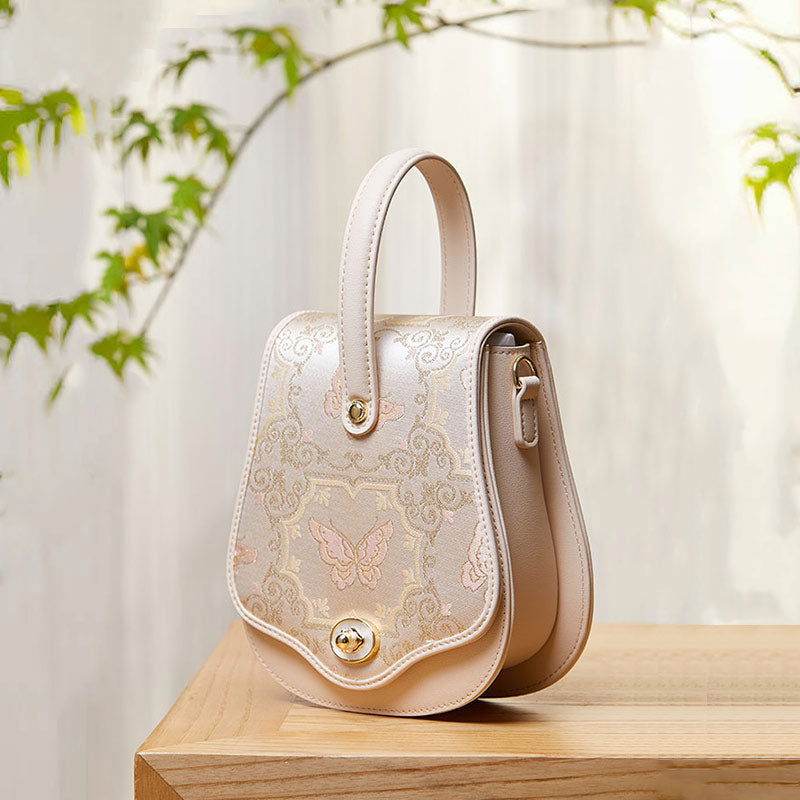 Brocade Jacquard Beige Butterfly Designer Saddle Bag - SinoCultural -- P1206260402LG-2