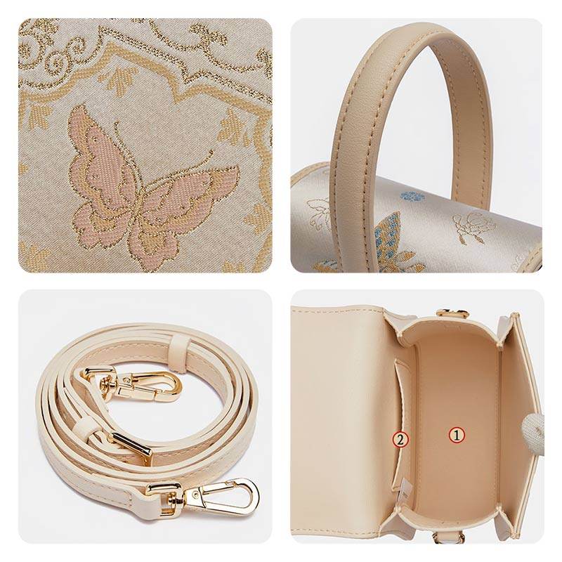 Brocade Jacquard Beige Butterfly Designer Saddle Bag - SinoCultural -- P1206260402LG-2
