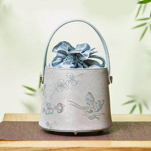 Brocade Jacquard Leather Drawstring Blue Butterfly Bucket Bag - SinoCultural -- P17061804-3