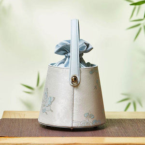 Brocade Jacquard Leather Drawstring Blue Butterfly Bucket Bag - SinoCultural -- P17061804-3
