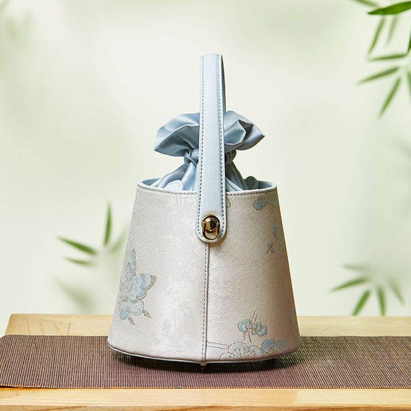 Brocade Jacquard Leather Drawstring Blue Butterfly Bucket Bag - SinoCultural -- P17061804-3