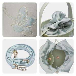 Brocade Jacquard Leather Drawstring Blue Butterfly Bucket Bag - SinoCultural -- P17061804-3