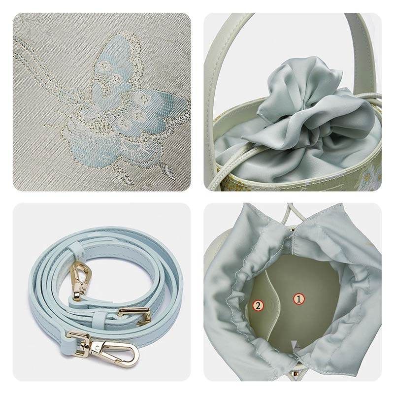 Brocade Jacquard Leather Drawstring Blue Butterfly Bucket Bag - SinoCultural -- P17061804-3