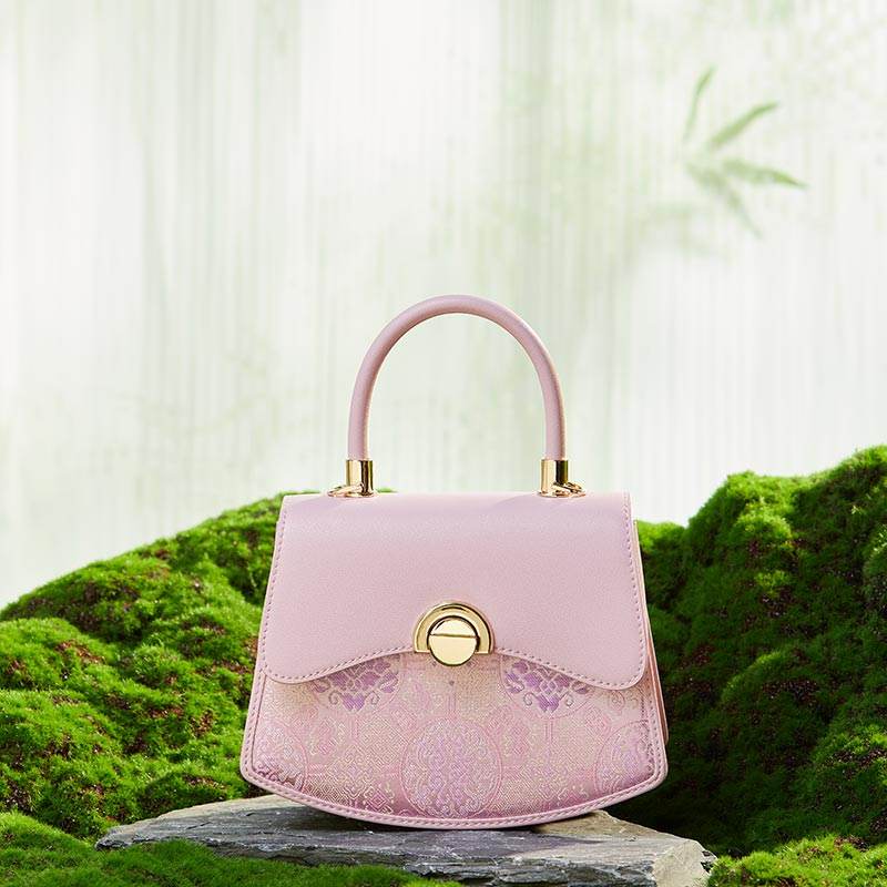 Brocade Mulberry Silk Bag Powder Pink Floral Designer Handbag - SinoCultural -- P12049004P-2