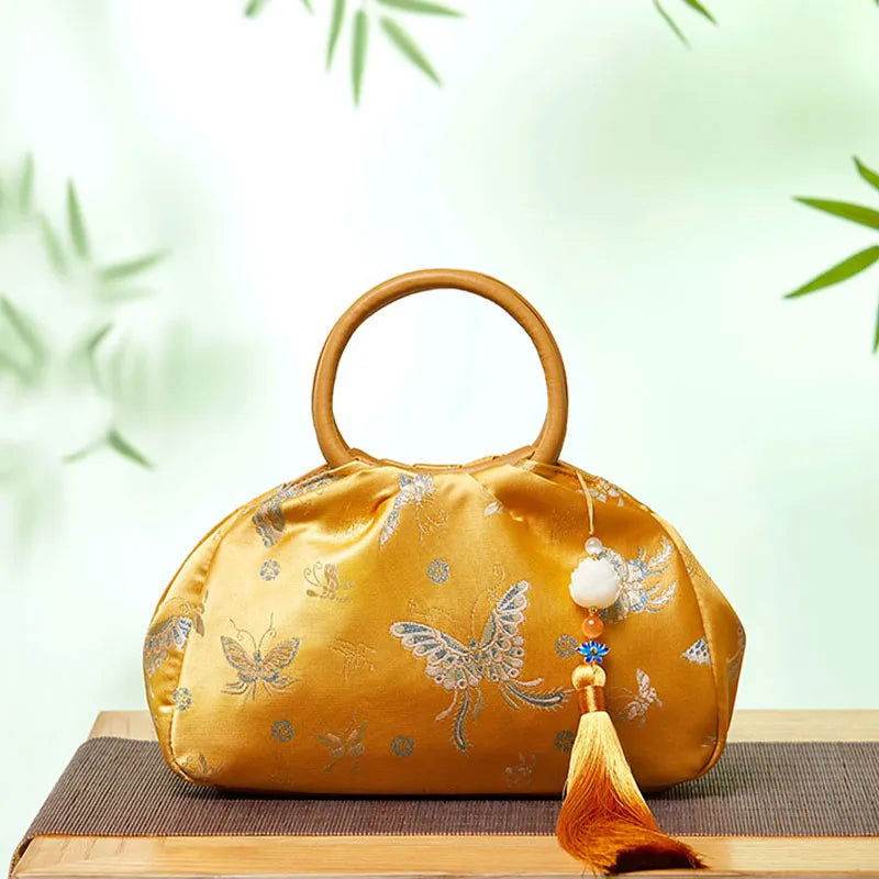 Brocade Chinese Style Bag Butterfly Women Luxury Yellow Handbag - SinoCultural -- P27061604-1