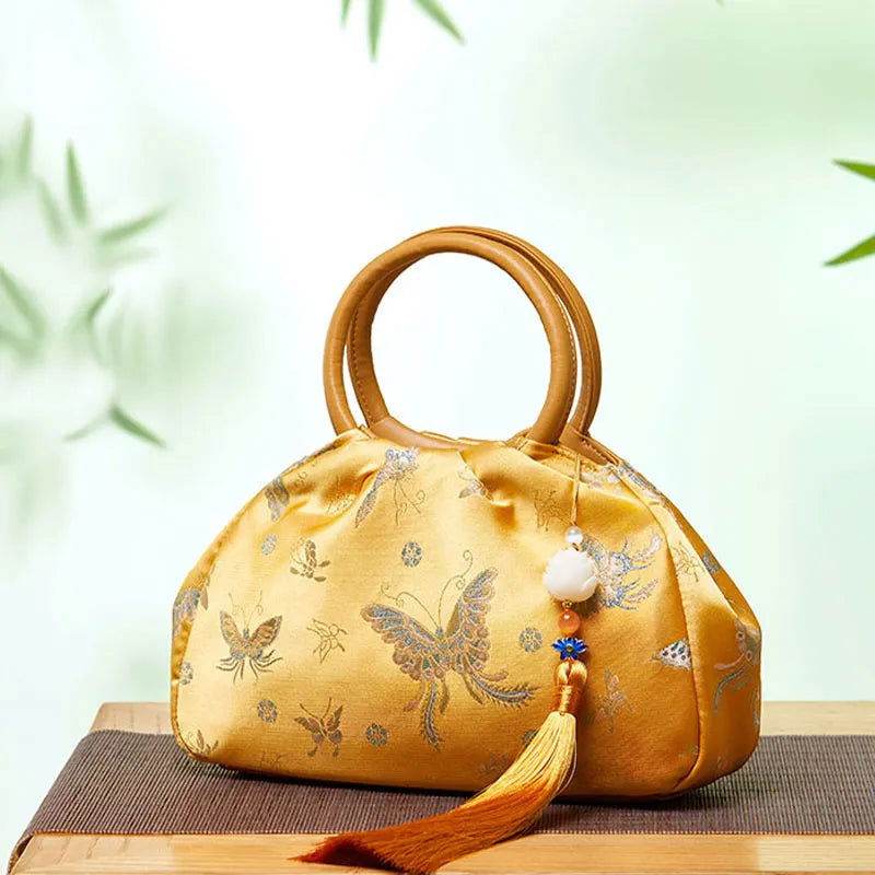Brocade Chinese Style Bag Butterfly Women Luxury Yellow Handbag - SinoCultural -- P27061604-1