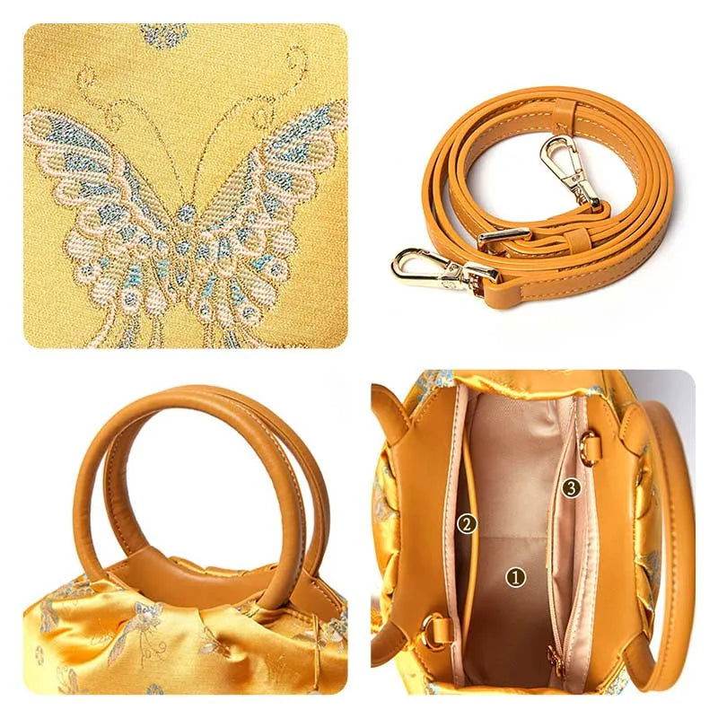 Brocade Chinese Style Bag Butterfly Women Luxury Yellow Handbag - SinoCultural -- P27061604-1
