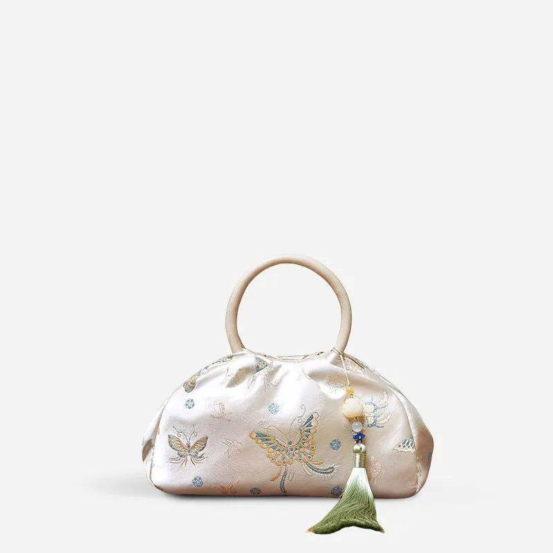 Brocade Chinese Style Designer Bag White Butterfly Handbag - SinoCultural -- P27061604-2